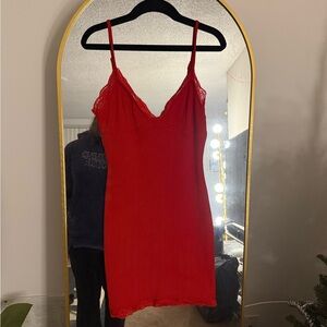 Red Lace Trim Slip Dress